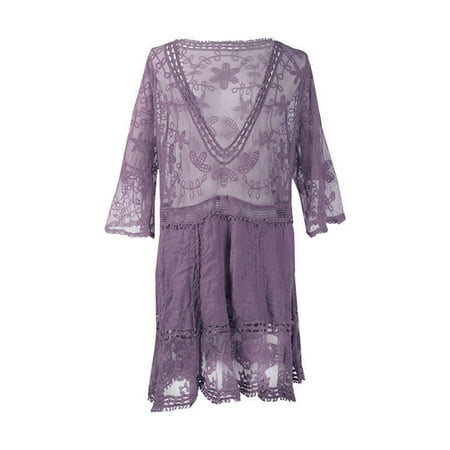 Kitem Bikini Cover Up Lace Hollow Out Summer See Through Sun Protection Swimwear Tunic for Beach (Purple)