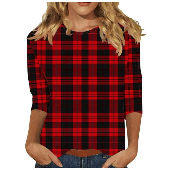 HaoXianJian Plus Size Womens Shirt Short 3/4 Sleeve Crew Neck Shirts Plaid Print Top for Women 2025 Loose Fits T Shirt Summer Tee Shirts Going Out Top 3X 4X 5X