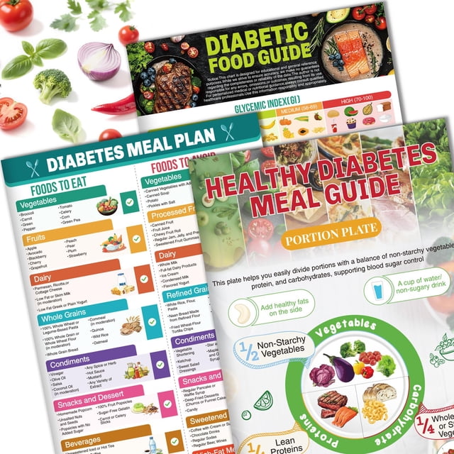 Cuadro con la lista de alimentos para la diabetes Franimo con folleto de guía de comidas