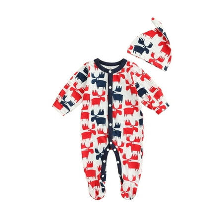 

Spring hue Newborn Boy Long Sleeve Romper Christmas Elk Printed Wrap Foot Button Crew Neck Playsuit Casual Simple Style Jumpsuit