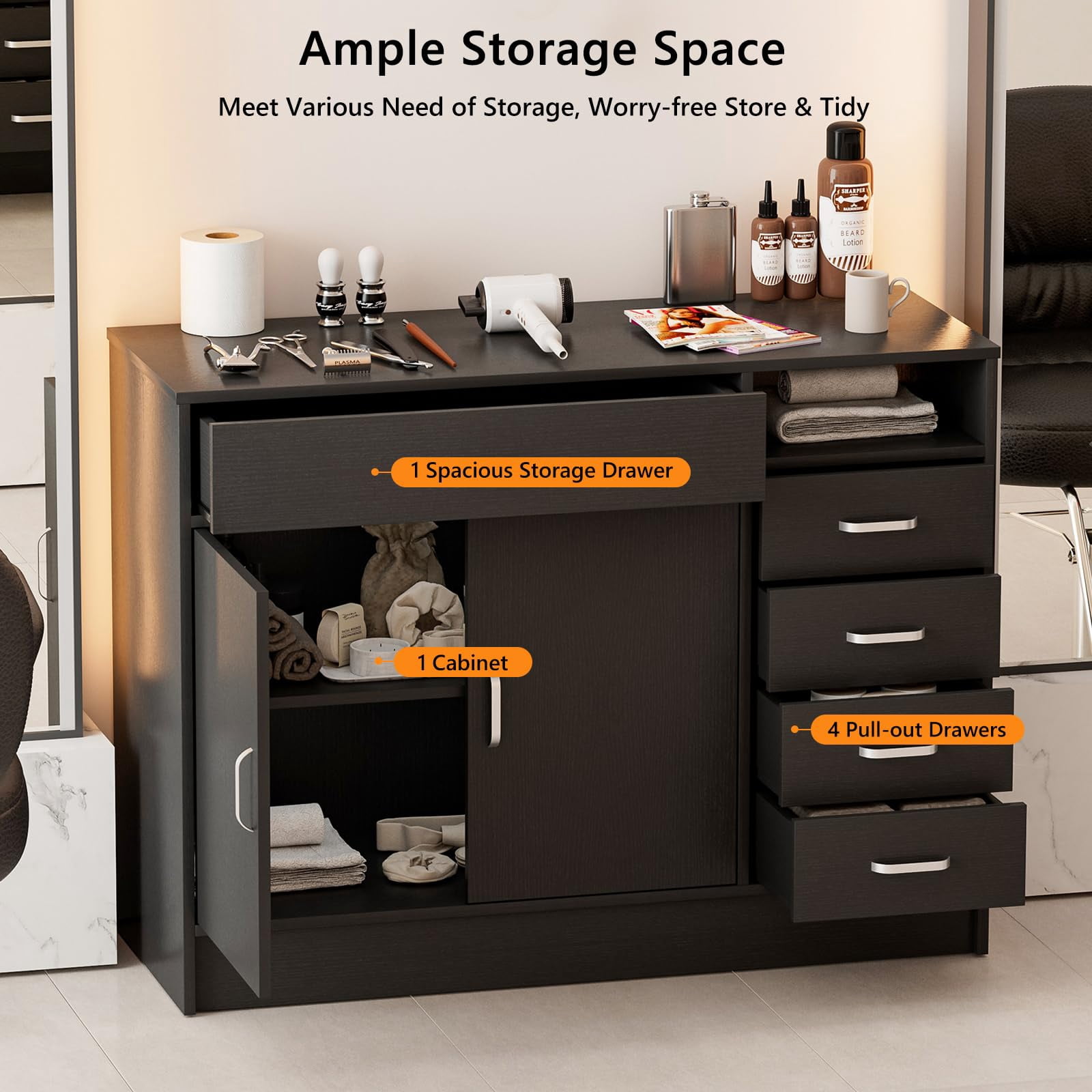 5-Drawers Salon Furniture Salon Storage Station, Free Standing Cabinet for Hair Stylist, Beauty Spa Furniture w/1 Large Capacity Cabinet & 1 Open Shelf, Spa Bathroom Equipment, Black