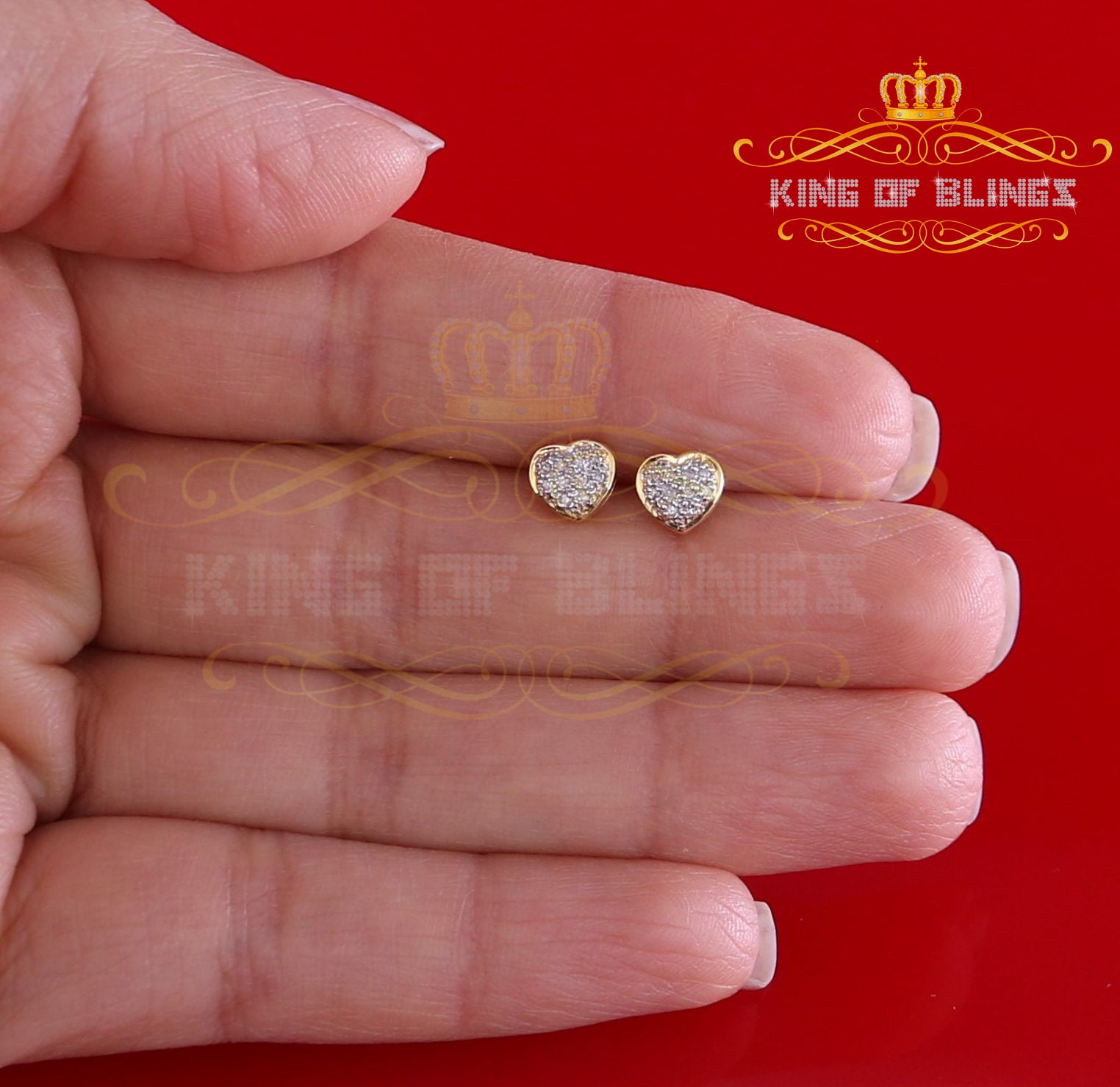 King of Bling's 10K Real Yellow Gold Real Diamond 0.08CT Men's/Women's Stud Micro Heart Earring