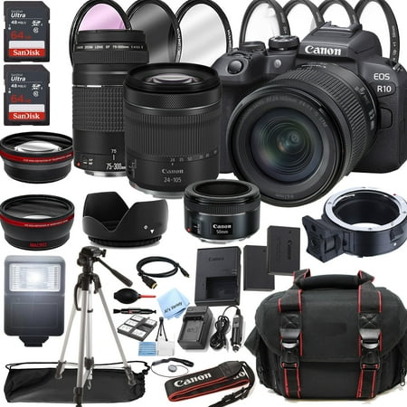 Canon EOS R10 Mirrorless Digital Camera with RF 24-105mm f/4-7.1 STM Lens + 75-300mm F/4-5.6 III Lens + 50mm f/1.8 STM Lens + 128GB Memory + Case + Tripod + Filters 43pc Bundle