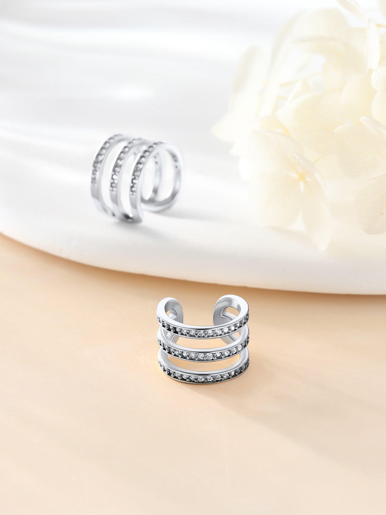 Suplight 925 Sterling Silver White Gold Plated Ear Cuffs Earrings for Women, Three Layer Zircon Earrings Clip On Cartilage Earrings