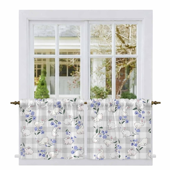 Easter Bunny Tier Curtains 24 Inch Length, Spring Purple Flower Rustic Farmhouse Grey Plaid Cafe Short Curtains for Bathroom Sink, Small Kitchen Curtain Light Filtering Drapes 2 Panels 27.5"Wx24"L