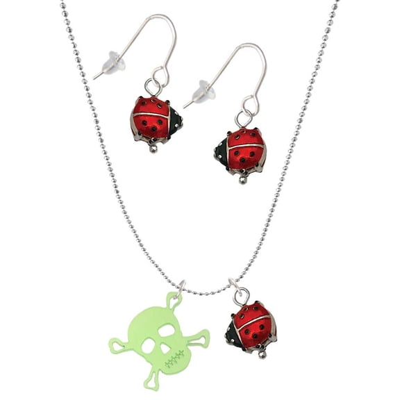 Delight Jewelry Acrylic Small Lime Green Skull Red Lucky Ladybug Necklace and Dangle Earrings Set