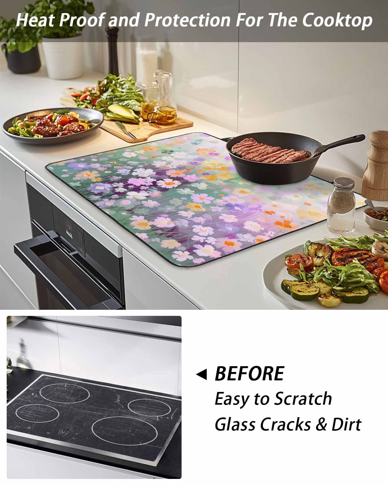 Stove Top Covers for Electric Stove, Teal Spring Floral Glass Stovetop Cover Protector, Modern Oil Painted Daisy Botanical Induction Cooktop Protector Oven Mat for Kitchen Countertop 24"x21"