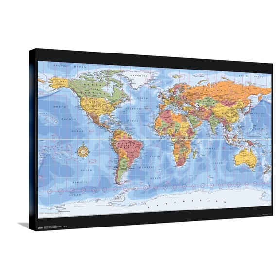 Map - World Time Zones Canvas Wall Poster, 22.375" x 34"