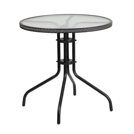 Flash Furniture Barker 28   Round Tempered Glass Metal Table with Gray Rattan Edging