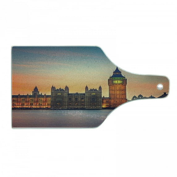 London Cutting Board, View of Big Ben and Houses of Parliament at Dusk in London British Urban Town, Decorative Tempered Glass Cutting and Serving Board, Wine Bottle Shape, Multicolor, by Ambesonne
