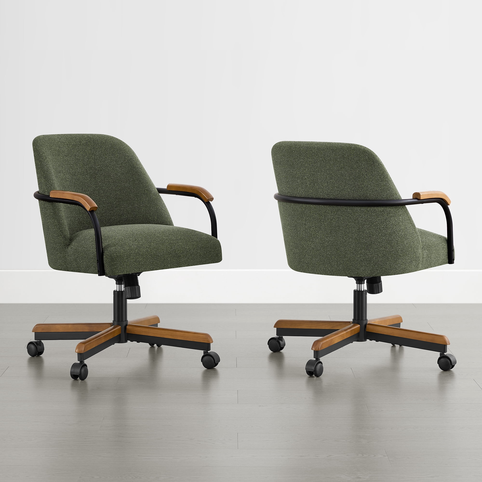 Spruce & Spring Swivel Dining Chairs Set of 2, Upholstered Tilt Chairs with Caster Wheels, Metal Frame & Wood Accents, for Dining Room, Kitchen & Home Office, Green Fabric