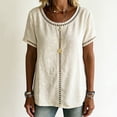 thumbnail image 5 of Qgtaibl Womens Cotton Blouses Summer Short Sleeve Round Neck Crochet Trim Tops Casual Loose Fit Lightweight Tunic Shirts Beige L, 5 of 6