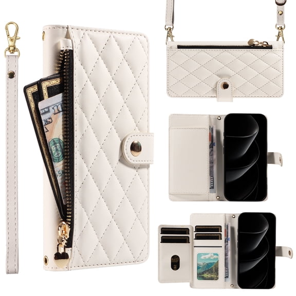 TECH CIRCLE Crossbody Wallet Case for iPhone 17 Pro Max, Elegant PU Leather Zip Pocket TPU Bumper Foldable Stand Cover with Lanyard & Shoulder Strap, Card Holder, White