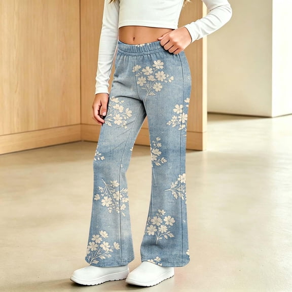 Angala Toddler Girls Denim Pants Floral Graphic Flared Leg Jeans High Waisted Fall Casual Girls Trousers Size 2-3 Years