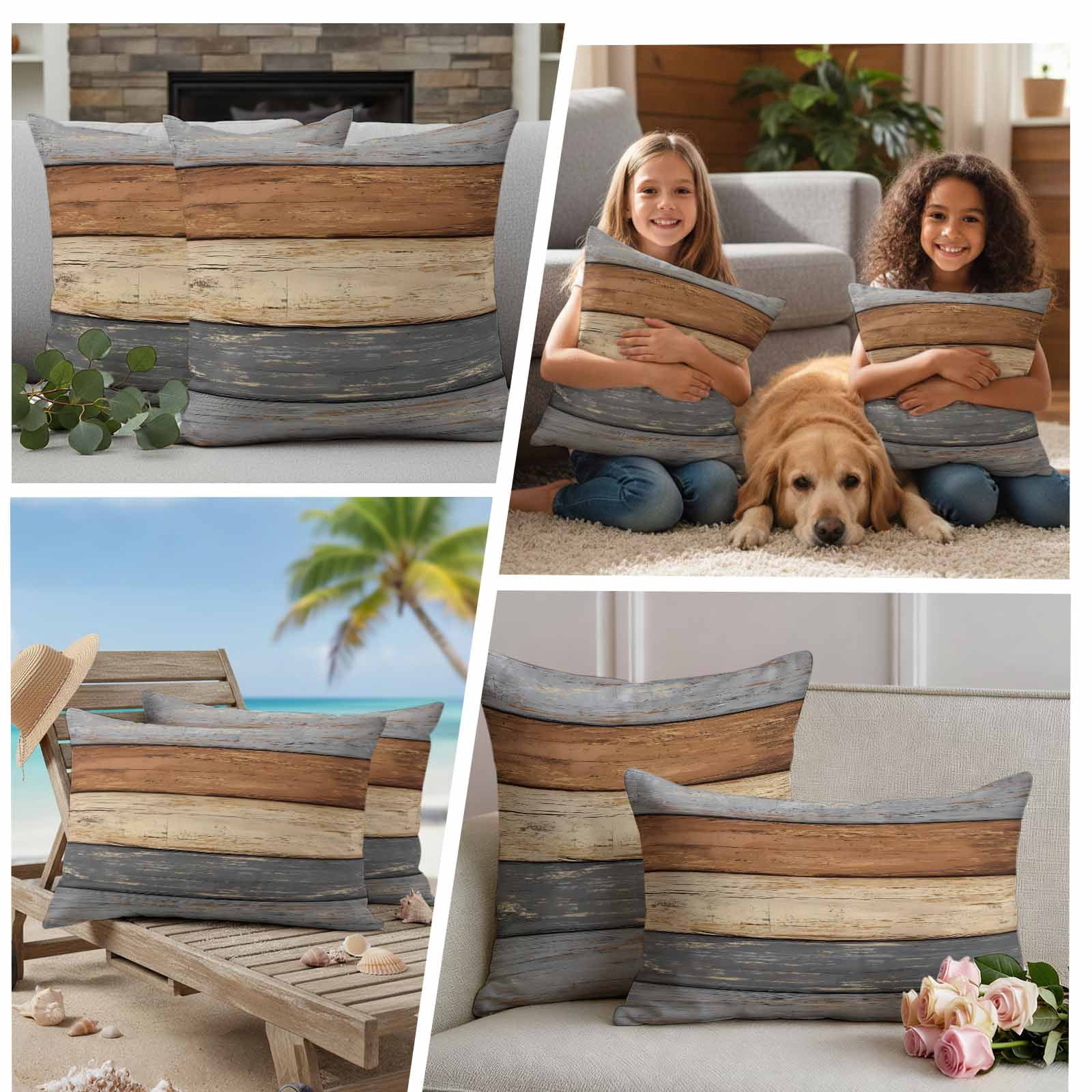 Outdoor Waterproof Throw Pillow Covers Set of 2 Gray Wood Grain Decorative Pillowcases Square Outdoor Pillows Cushion Case 18x18 Inch Rustic Retro Brown Wooden Patio Pillows for Couch Sofa Bed