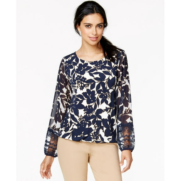 Alfani Petite Sheer-Sleeve Floral-Print Top Fresh Silhoutte Navy PXS