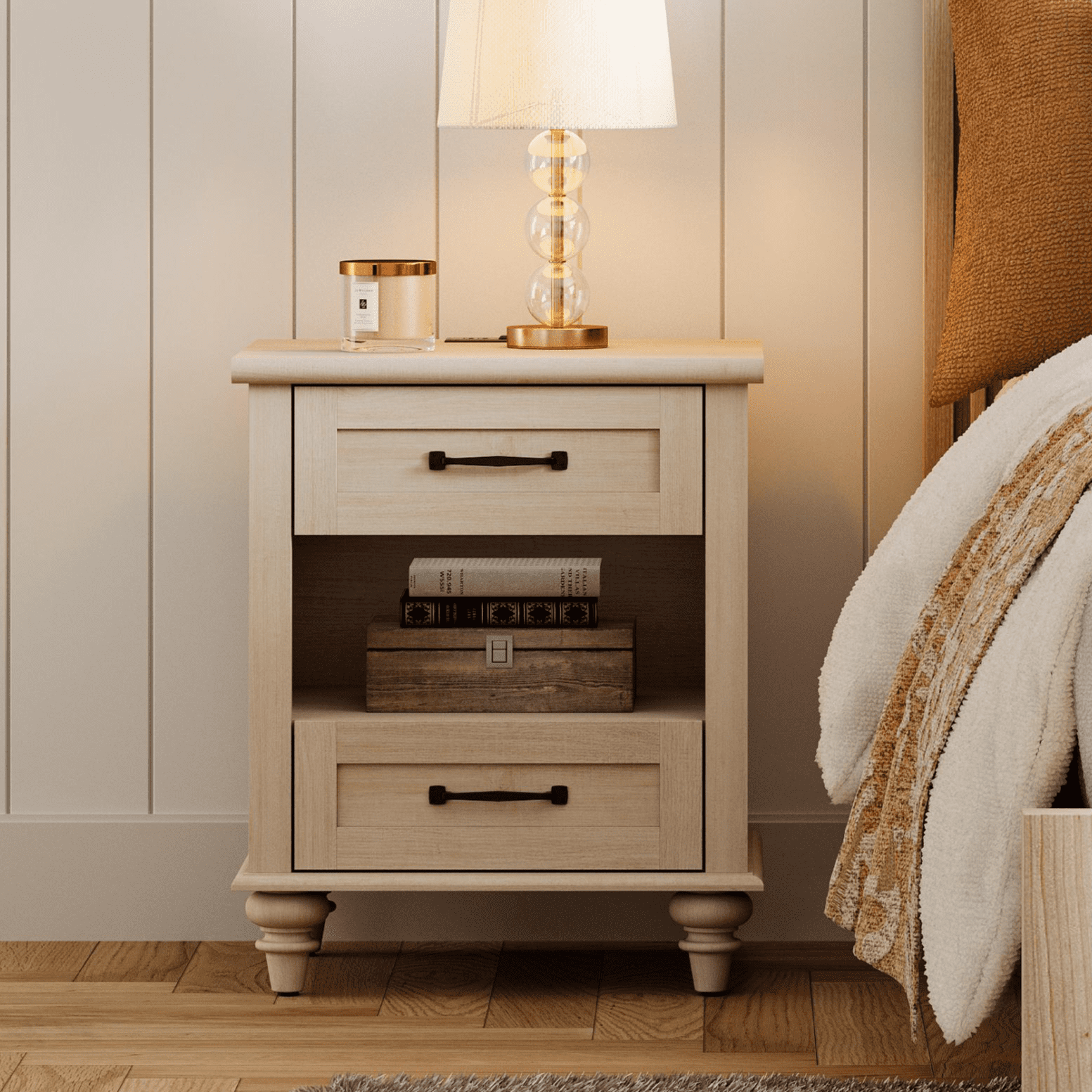 Beige Nightstand with Charging Station, Wooden Side Table with 2 Drawers & Open Shelf for Living Room & Bedroom
