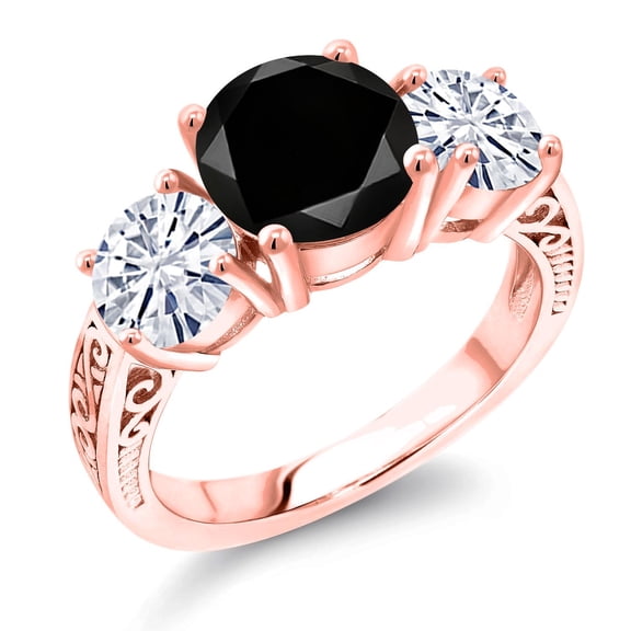 Gem Stone King 18K Rose Gold Plated Silver Black Diamond and White Moissanite Engagement Ring for Women | 3.80 Cttw | Round 8MM | Gemstone April Birthstone | Size 7