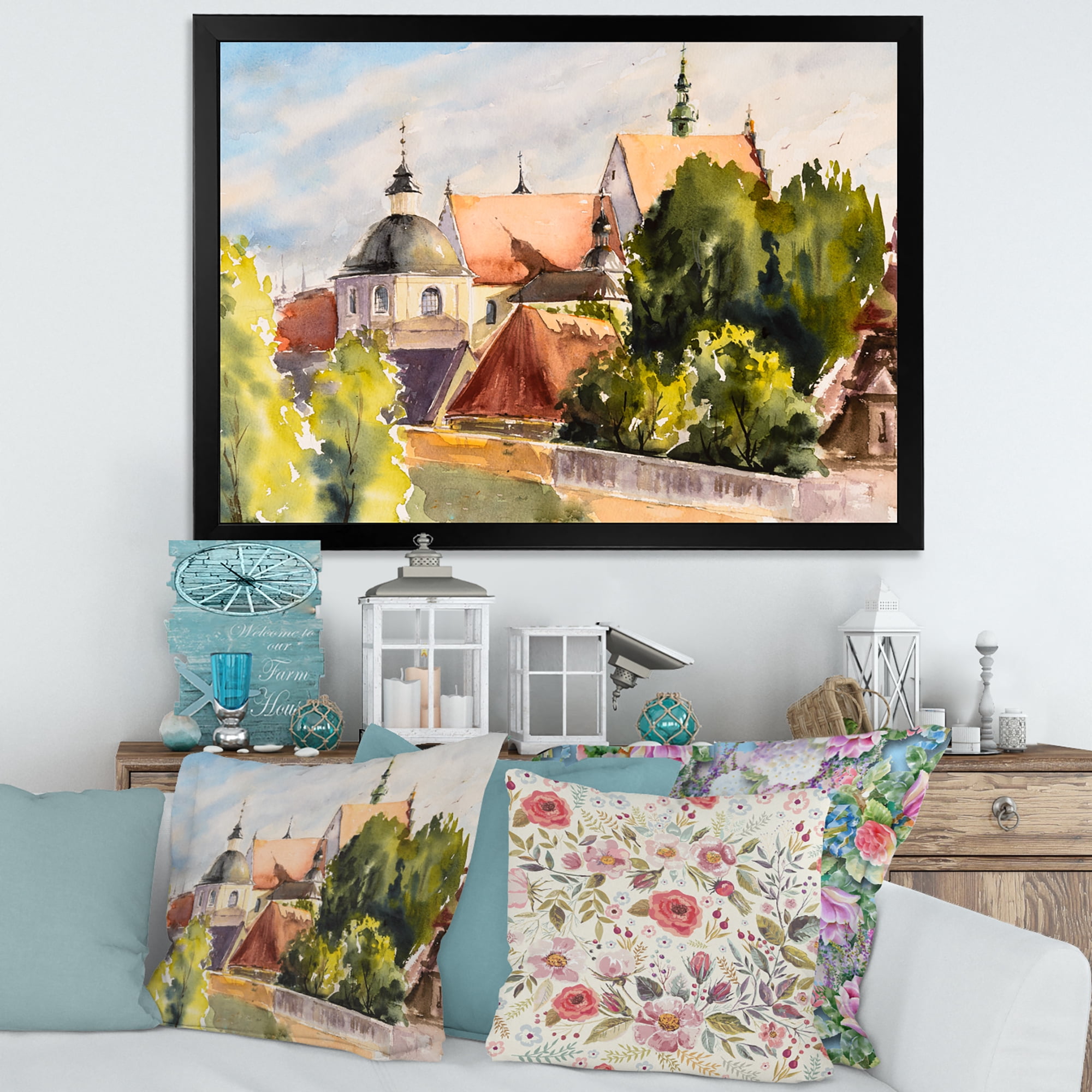 Designart 'View of Old Polish City Buildings In Nature' Traditional Framed Art Print