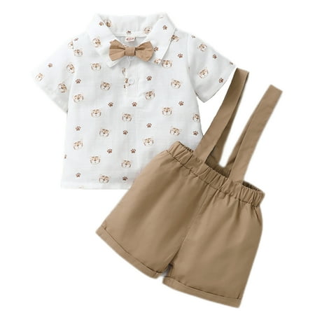 

12 Months Baby Boys Summer 2PCS Outfits 18 Months Toddler Boys Clothes Short Sleeve Tiger Print Lapel Shirt Top Overall Shorts Set White
