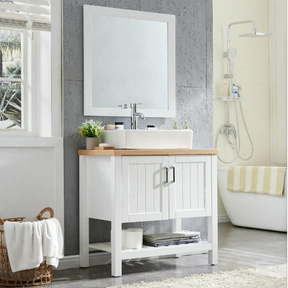 Topcobe 32" Bathroom Vanity with Sink, Single Bathroom Vanities Cabinet with Doors and Open Shelf, Solid Wood Small Vanity with Sink Set and Mirror, Modern Furniture for Bathroom