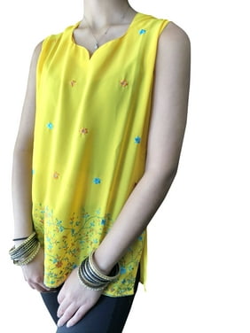 Women Tunic Top, Yellow Georgette Embroidered Handmade Bohemian Gypsy chic Sleeveless Ethnic Kurti SM