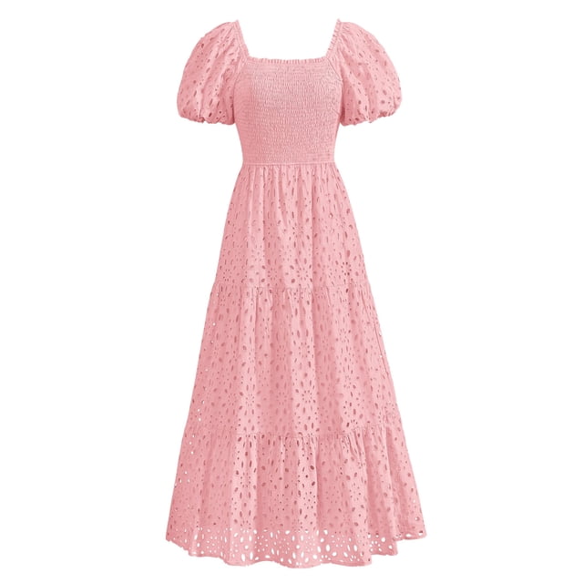 Vestido de verano PRETTYGARDEN 2025 con ojales y cuello cuadrado y manga abullonada
