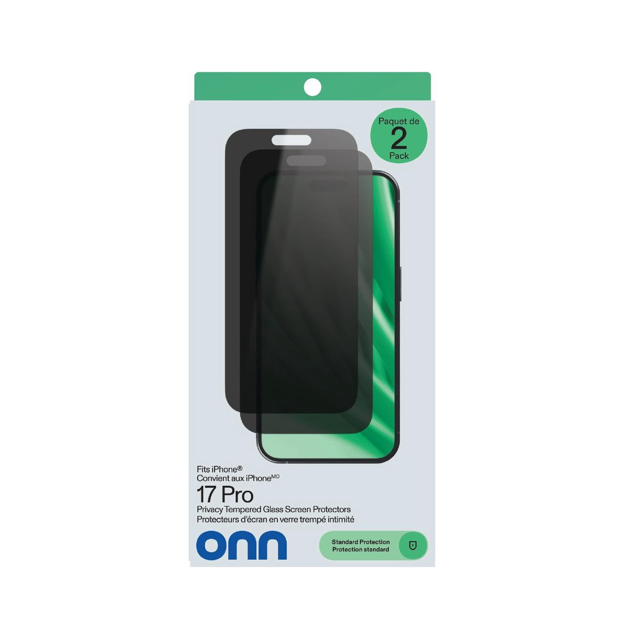 onn Protecteurs d’écran en verre trempé intimité pour iPhone® 17, paquet de 2, intimité à 180°, protection standard contre les chutes, avec cadre d’application facile