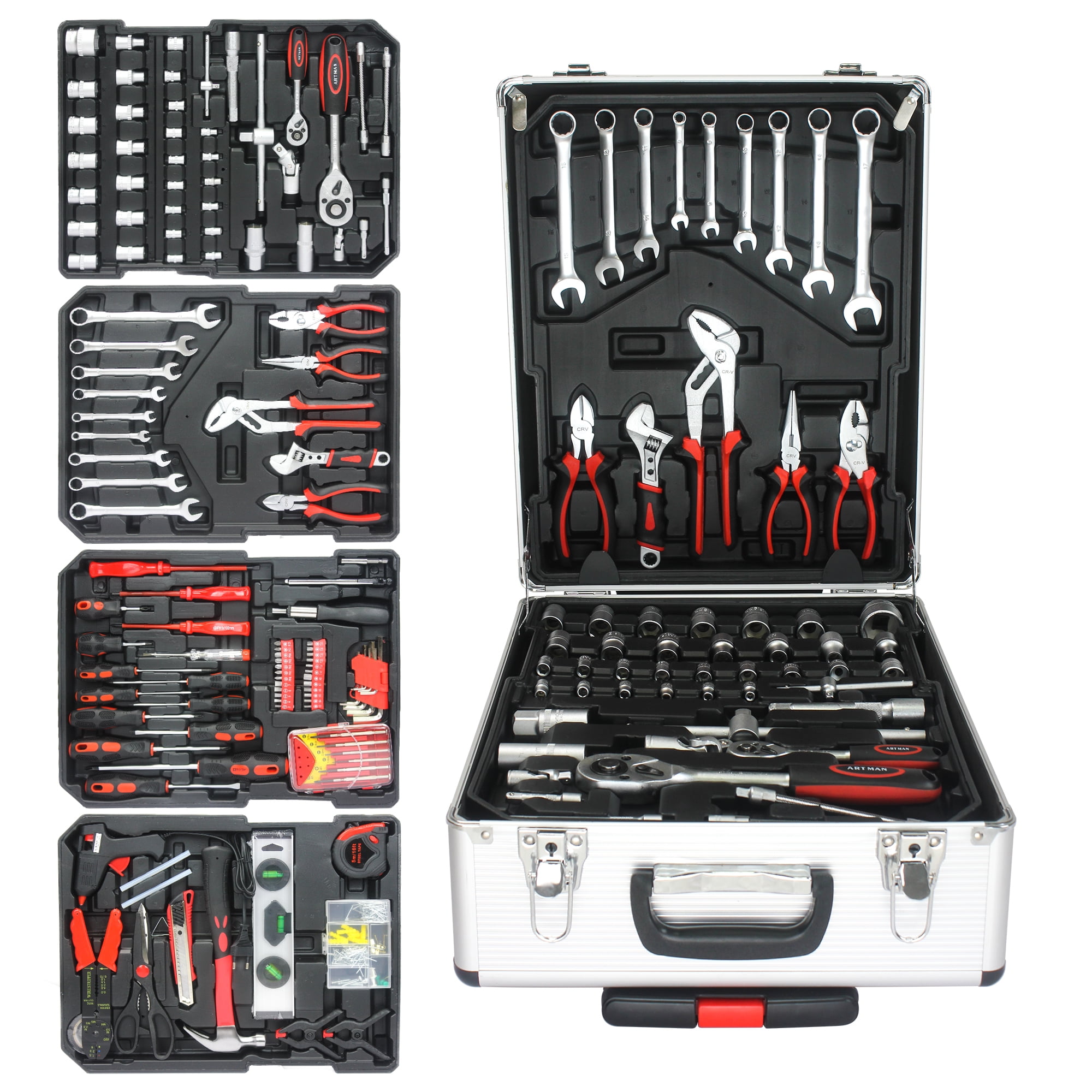 JXXRZ 899-Piece Home Repair Tool Set with 4-Drawer Rolling Toolbox Case for Maintenance, Garden, Homeowner, Handyman -Silver