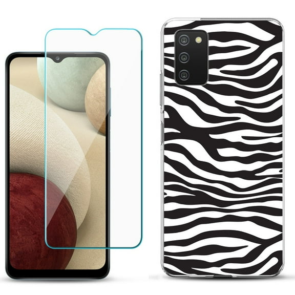 Slim-Fit TPU Phone Case Compatible with Samsung Galaxy A02s, with Tempered Glass Screen Protector, by OneToughShield ® - Zebra B/W