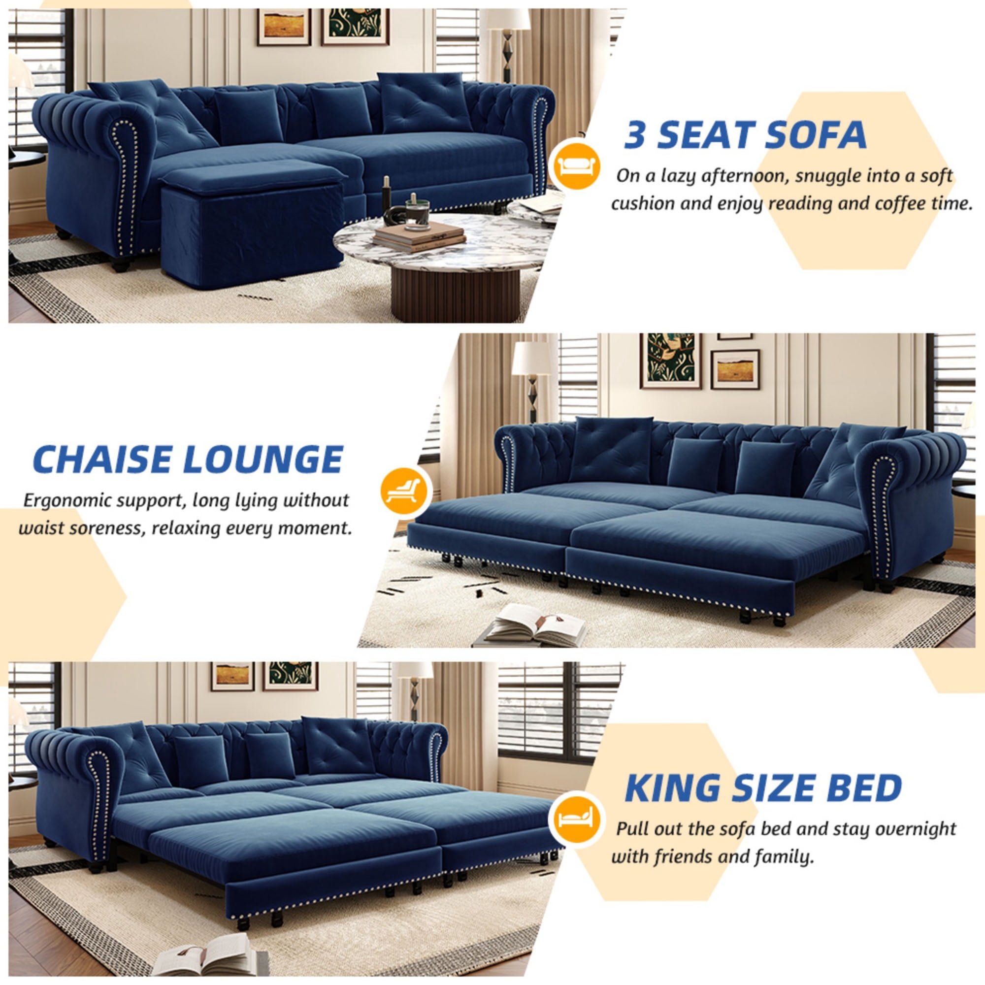 Firscook 89" Chesterfield King Size Pull Out Sofa Bed with Ottoman, Velvet Sleeper for Small Apartment, Blue