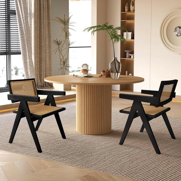 QIYIGUO Black Rattan Dining Chairs Set of 2, Wood Armrest Design, Stain-Proof Seat, Ergonomic Cutout Back for Dining Room, Kitchen, Living Room