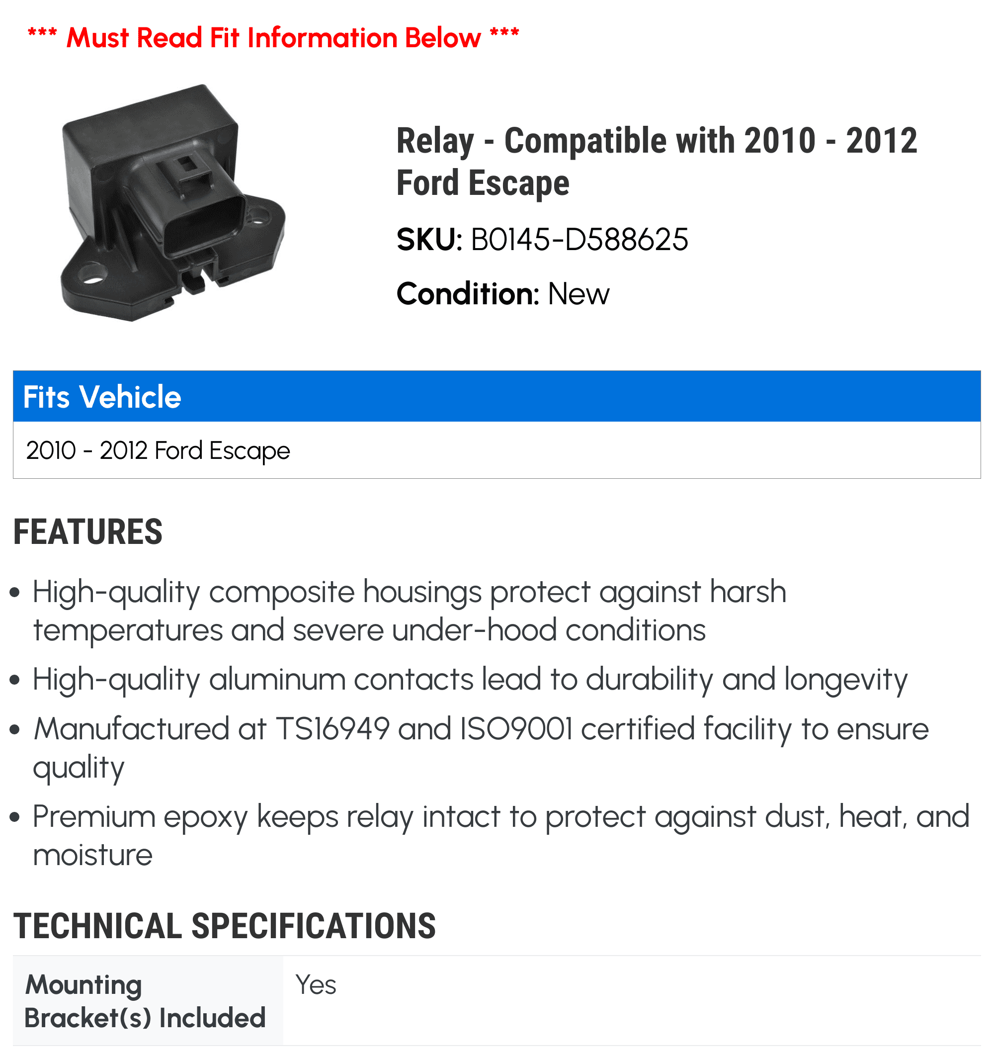 Relay - Compatible with 2010 - 2012 Ford Escape 2011
