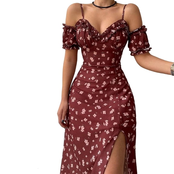 Women Floral Print Off Shoulder Split Long A-Line Dress