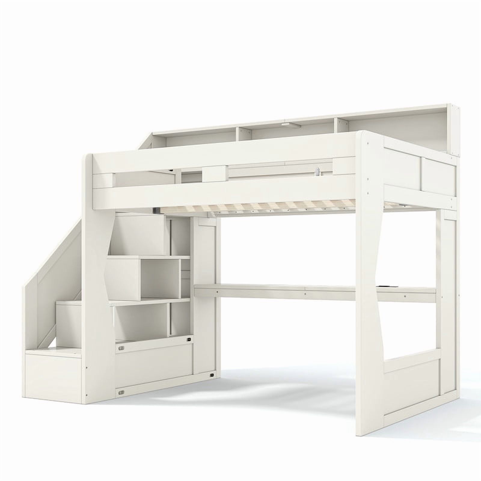 Full Size Teens Gaming Bed Frame with Storage Stair & Open Headboard Shelves, Wood Loft Bed with LED Light & Power Outlet Desk
