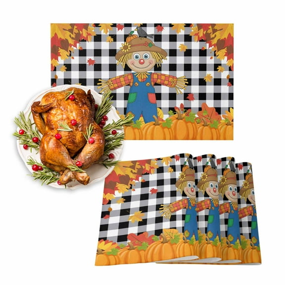 Fall Placemats Set of 6 Scarecrows Crow Place Mats Thanksgiving Placemat Harvest Pumpkin Maple Leaves Black Plaid Table Mats for Dining Kitchen Table Holiday Dinner Party Home Fall Decorations 13x19