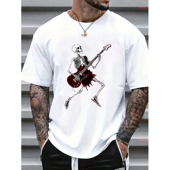 Rock Skeleton Playing Guitar Graphic Casual Short Sleeve Crew Neck T-Shirt, Breathable Men’s Streetwear Summer Top