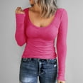 thumbnail image 2 of Daznico Womens Tops - Women Long Sleeve Scoop Neck Ribbed Fitted Knit Shirt Basic T Shirts - Shirts for Women,Color:Hot Pink,Size:M, 2 of 6