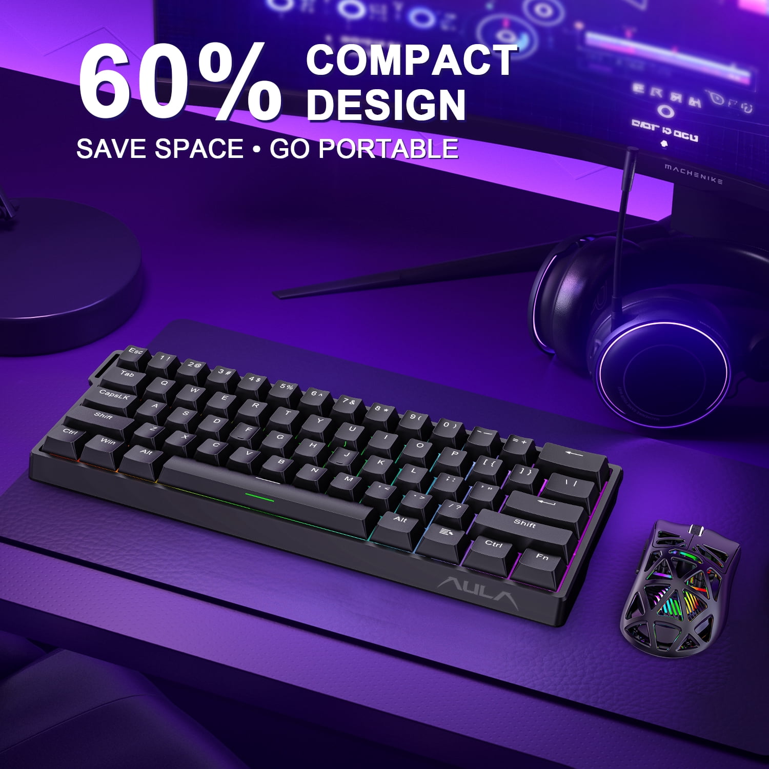 Aula WIN60 HE 60% Mechanical Gaming Keyboard, Magnetic Switch, 8000Hz Polling Rate, Adjustable Actuation Rapid Trigger Mode, RGB Hot Swappable PBT Keyboard Wired, 60 Percent Compact Design for PC