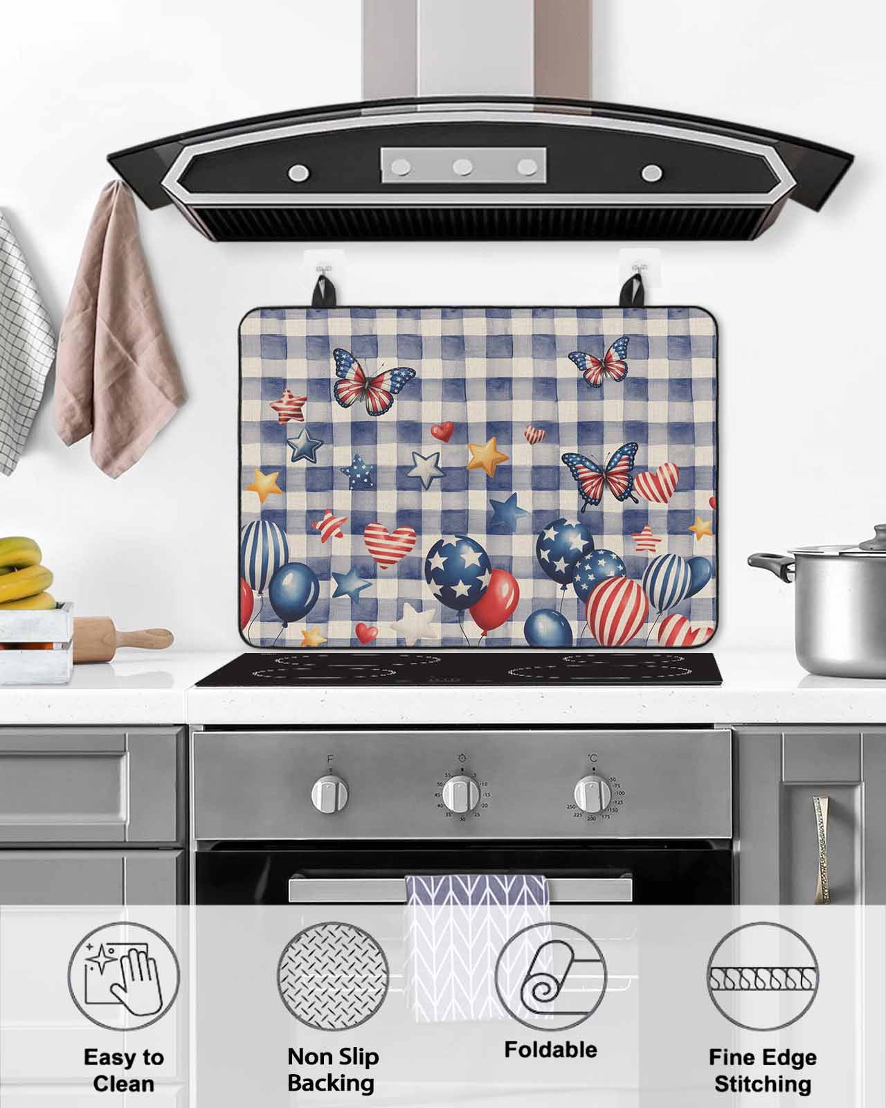 Large Induction Cooktop Protector Mat Independence Day Stove Top Covers for Electric Stove, Flag Balloons Butterflies Blue Plaid Decorative Stove Burner Cover Mats, Glass Top Stove Cover