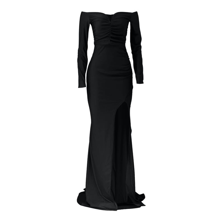 Iopqo Black Dresses For Women V Neck High Split Long Formal Evening Dress Maxi Party Gown Sleeve Slit Dress Prom Long Plus Size Dress Long Sleeve