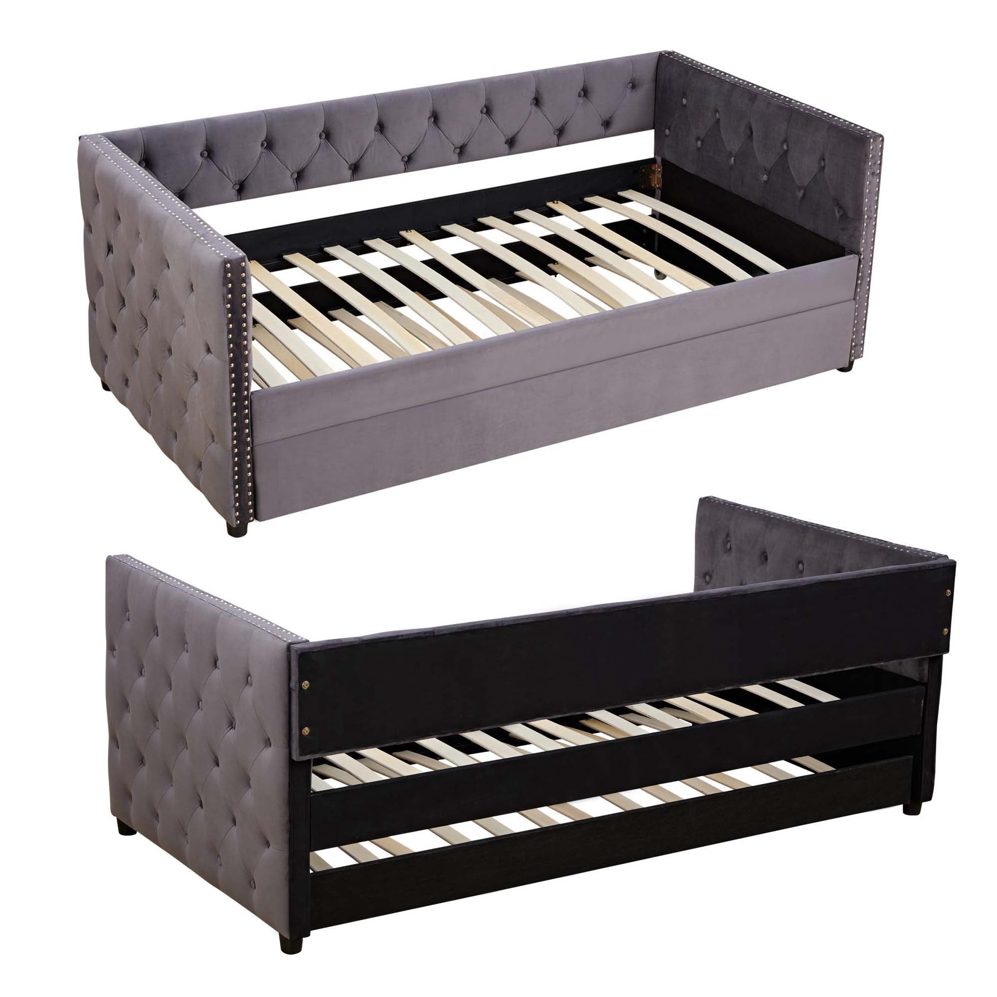 Aukfa Upholstered Daybed with Trundle, Twin Trundle Bed, Button Tufted - Gray