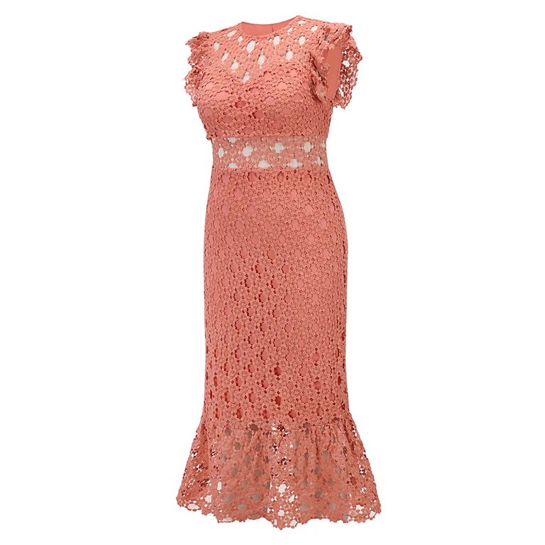 Olyvenn Women's Summer Maxi Boho A-line Dresses Extra Long Sleeveless Cocktail Dress Lace Hollow Solid Sundress Crew Neck Babydoll Lace Splice Ruffled