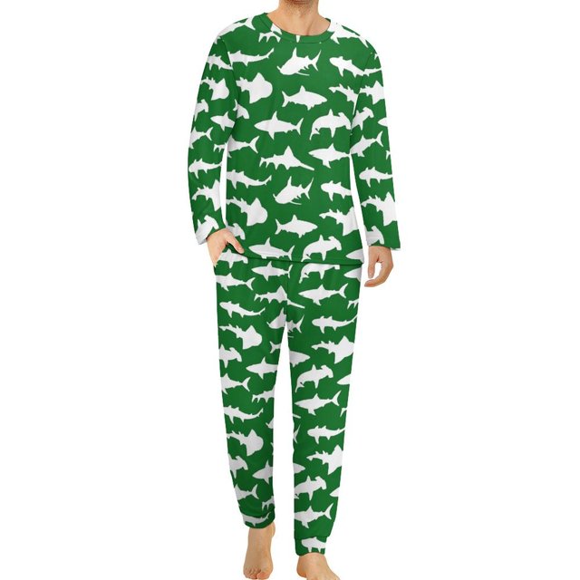 Pijama de tiburón blanco con silueta de animal para hombre, conjunto de pijama de manga larga moderno de 2 piezas, traje informal con gráficos para uso diario, regalo de cumpleaños