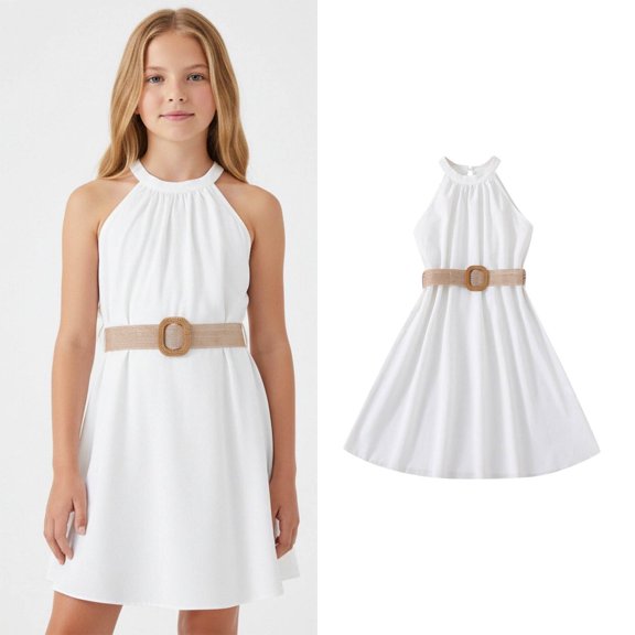 Girl Summer Dress Halter Neck Girls Casual Dresses with Belt Sleeveless Girls Party Dresses for Girls 11-12 Years