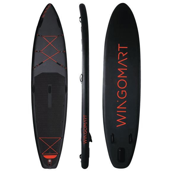 WINGOMART Elite Black 12ft Inflatable Stand Up Paddle Board 12'x30"x6" w/ Premium SUP Accessories & Carry Bag |Wide Stance Bottom Fin for Paddling, Non-Slip Deck |1-2 Person Up to 180kg, 365cm Board