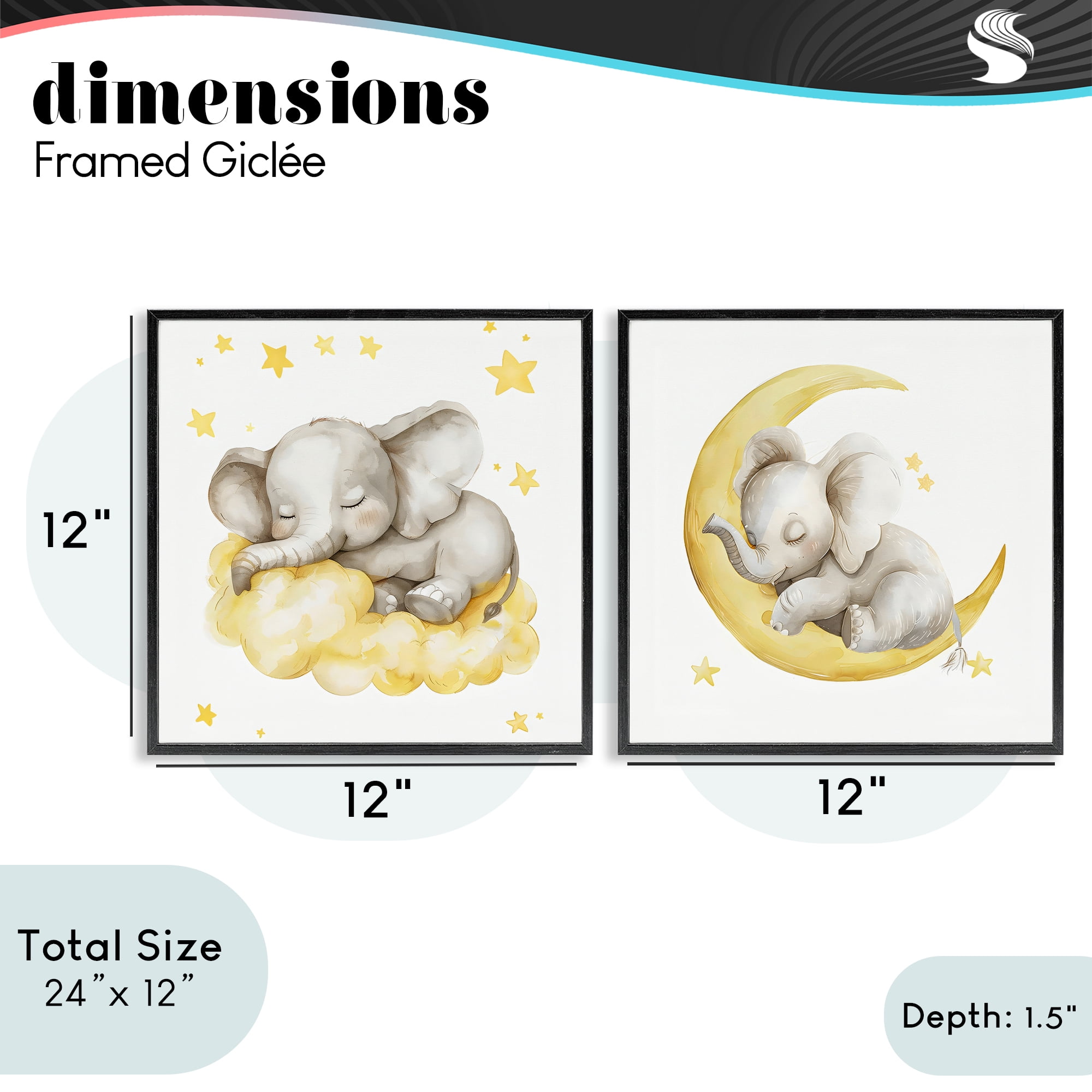 Stupell Industries Sleeping Elephant Moon and Clouds 2 Piece Black Framed Giclee Art Set, design by LSR Design Studio