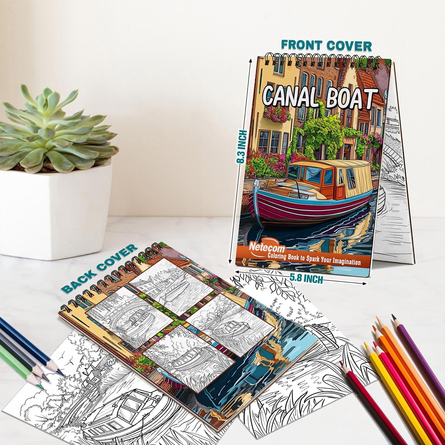 Netecom Canal Boat Coloring Book Spiral Bound for Adults, A5 Wooden Cover, 30 Beautiful Coloring Pages of Canal Boats on River for Stress Relief and Relaxation