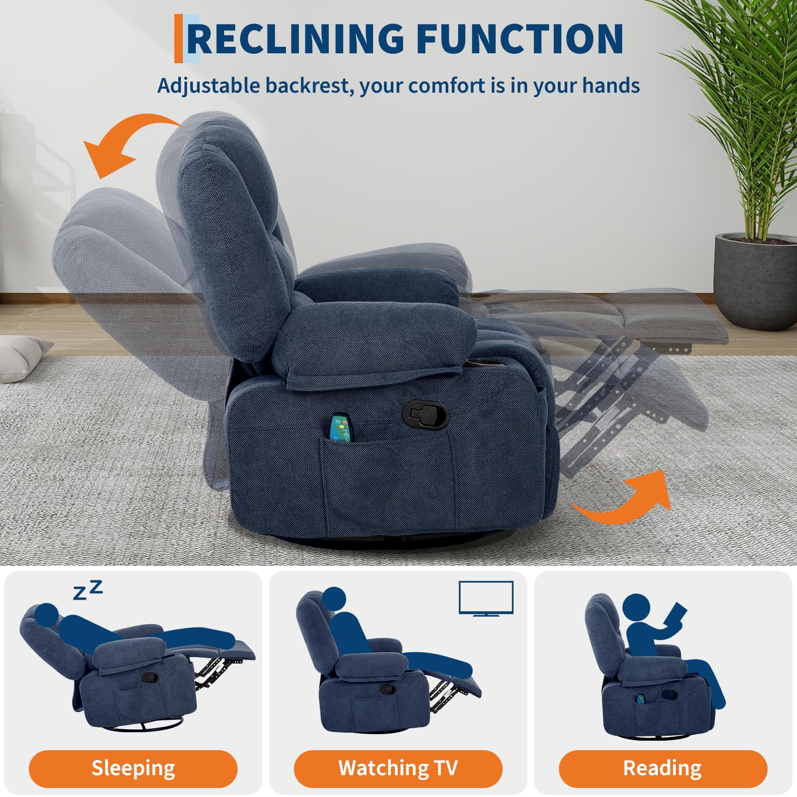 Oversized Power Recliner Chair with 360° Swivel, Rocking, Massage & Heating - Extra Wide Chenille Lounge Sofa with Remote, Cup Holders, Side Pockets, USB Port - Living Room, Bedroom