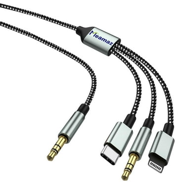 Meamaz 6.56FT/2M 3-in-1 Male to male jack cable, Aux to 3.5mm, Type-C to Audio, Lightening to Aux, with Hi-Fi DAC Chip, use for Home Theater, Speakers, Subwoofer, Video
